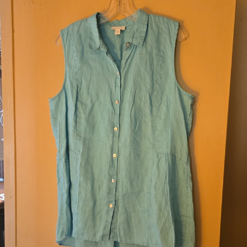 J. Jill L Sleeveless Seafoam Green Button-Down Linen Shirt